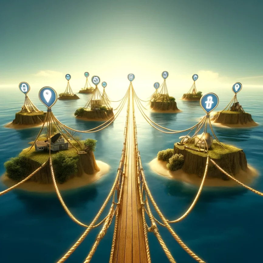 a bridge linking to little islands representing link building